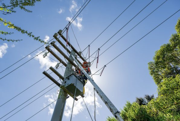 Linemen working on overhead line with sun behind them and portable earthing devices in prominent view